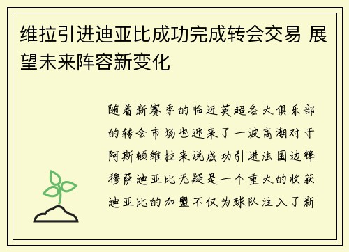 维拉引进迪亚比成功完成转会交易 展望未来阵容新变化