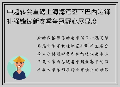 中超转会重磅上海海港签下巴西边锋补强锋线新赛季争冠野心尽显度